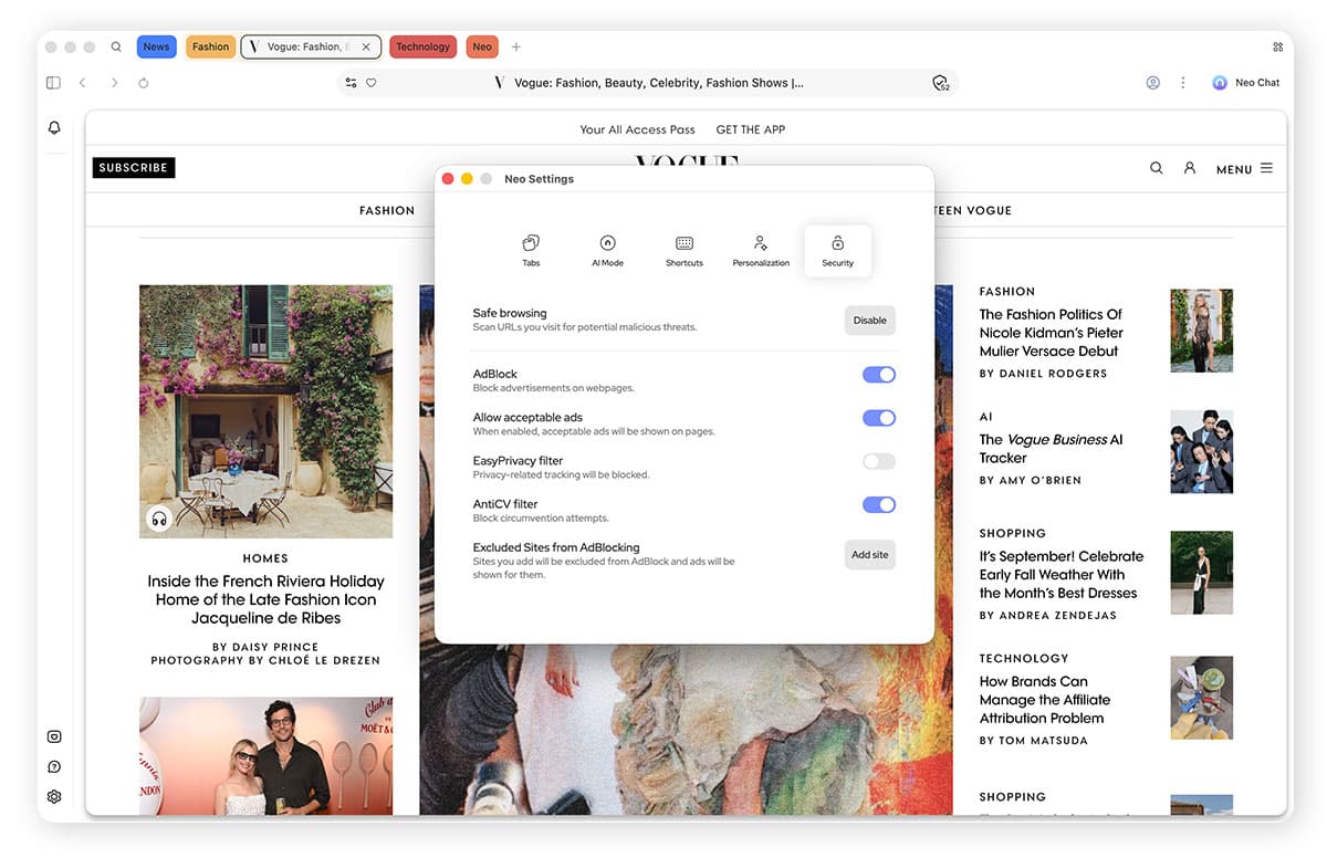 Norton Neo open on a magazine article, its settings panel over the page showing safe browsing, ad blocking and tracking filters, each switched on.