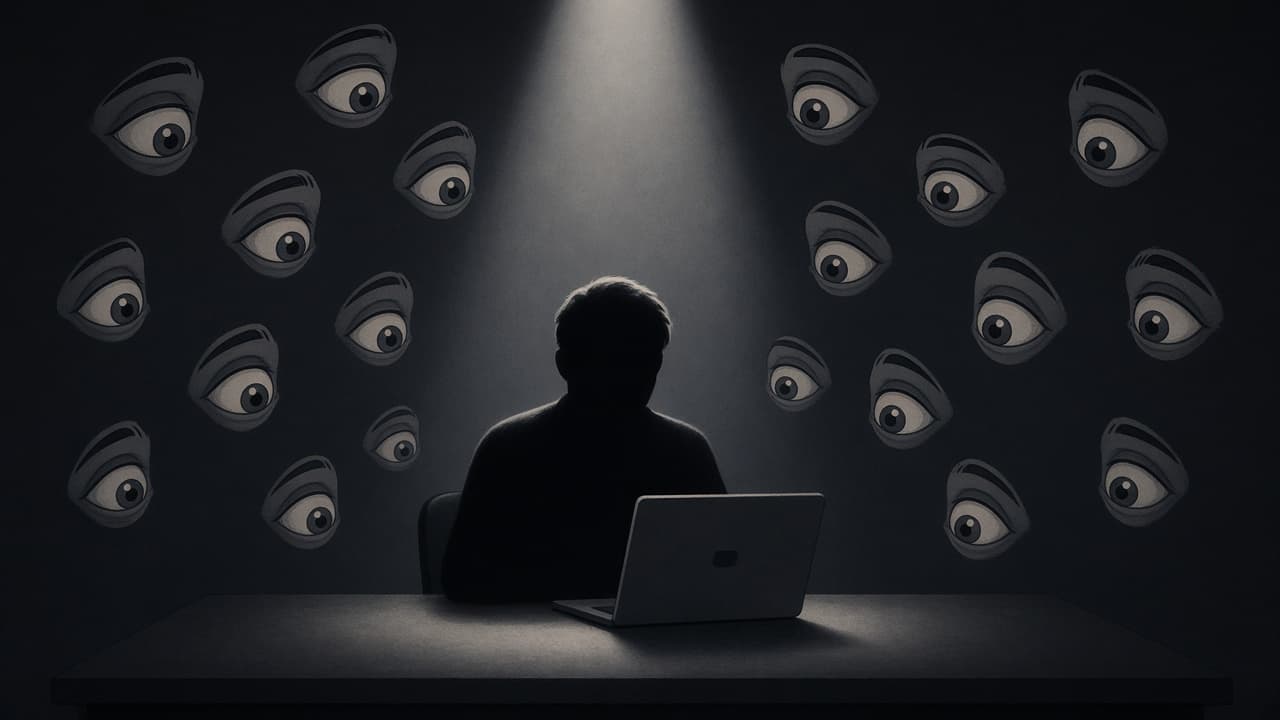 Dark illustration: a spotlight on a person at a laptop while curious eyes in the shadows watch their screen