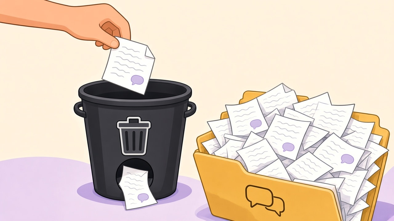 Cartoon: a hand drops a folded chat into a paper bin with a bottom hole; an overflowing folder below is full of more chats
