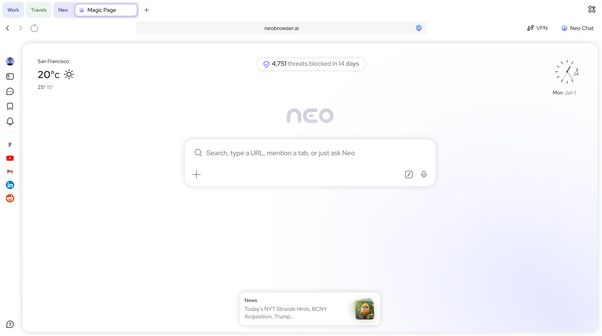 The Neo browser open on its Magic Page: tabs across the top, a column of the reader’s own sites down the side, a VPN button in the toolbar, and on the page a count of 4,751 threats blocked in 14 days above the one box that searches, opens a URL or asks Neo