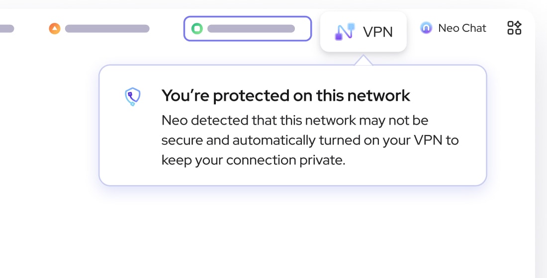 Neo's toolbar with a notification reading: You're protected on this network. Neo detected that this network may not be secure and automatically turned on your VPN to keep your connection private.