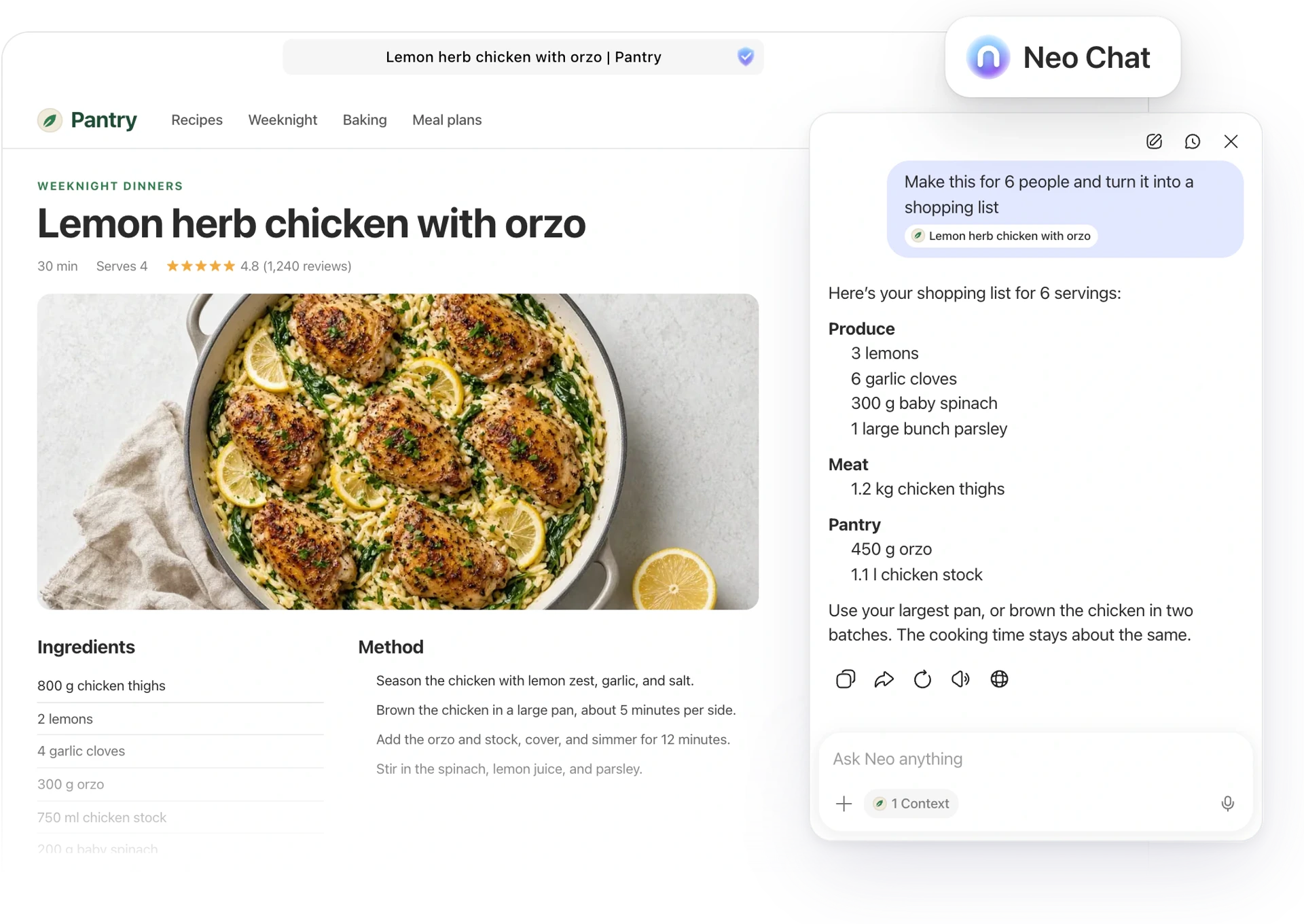 Neo Chat open beside a web page in Norton Neo, answering a question about it.