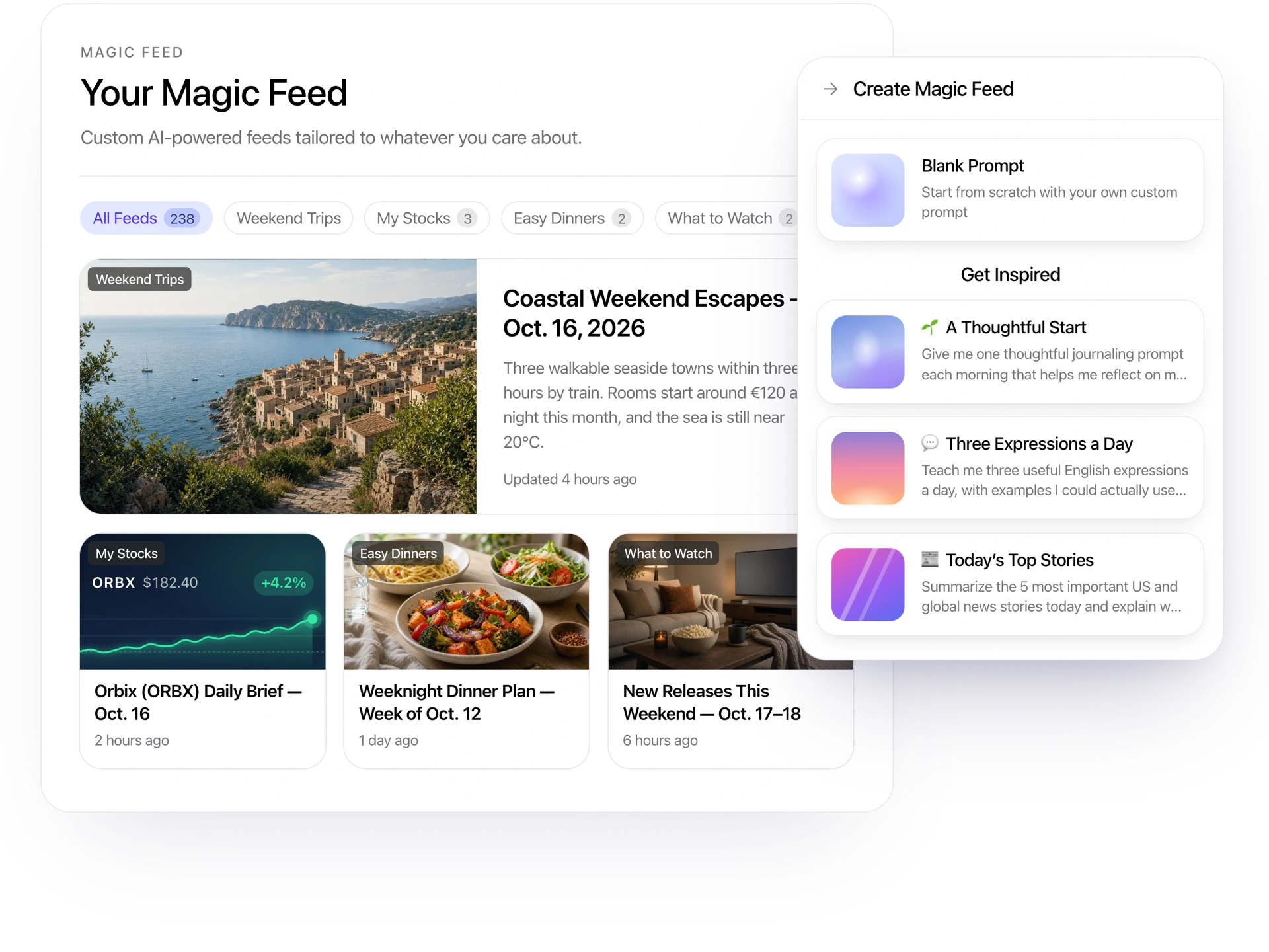 Neo’s Magic Feed page with personalized feeds, beside the panel for creating a new one.