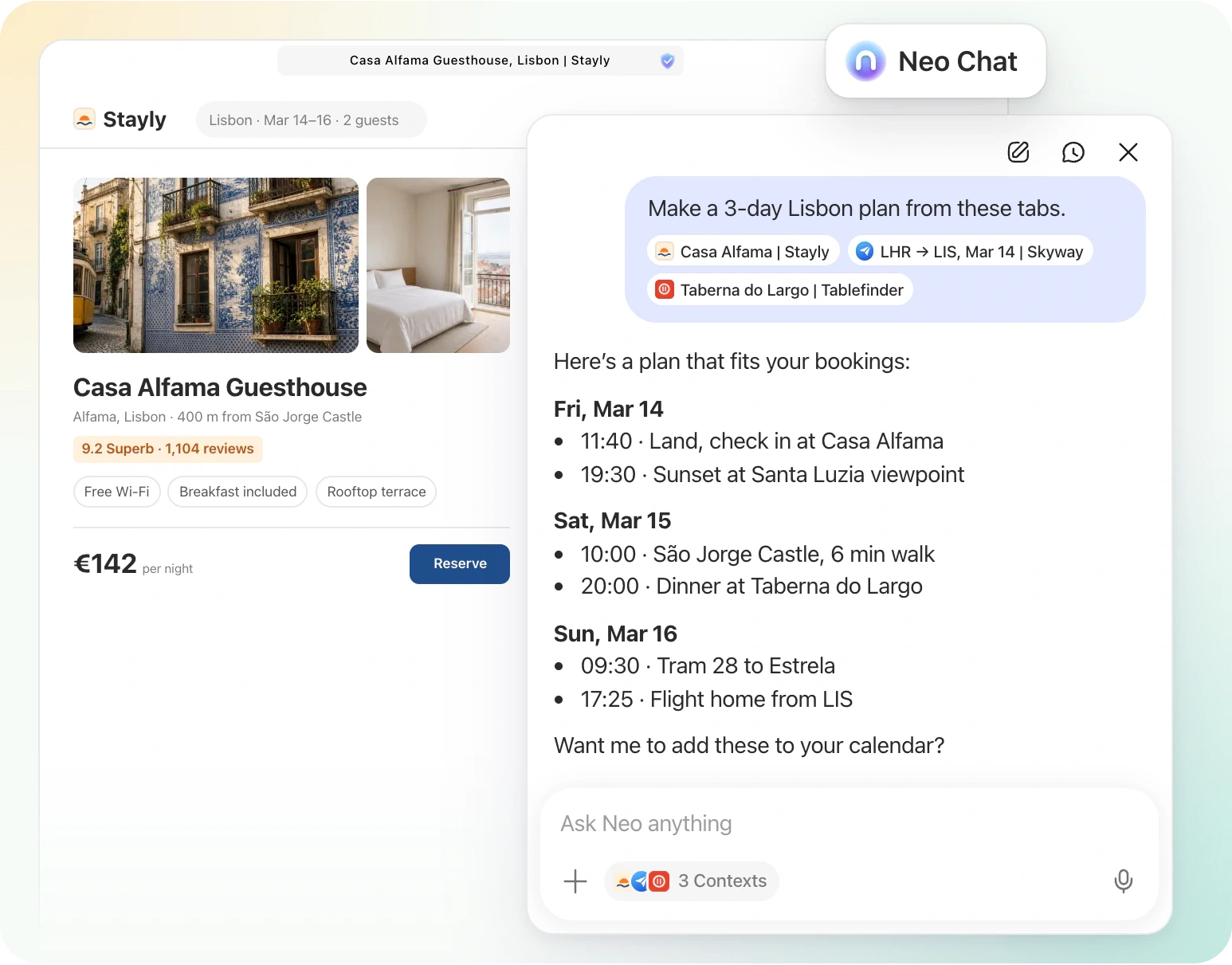Neo Chat turning hotel, flight, and restaurant tabs into a day-by-day trip plan.